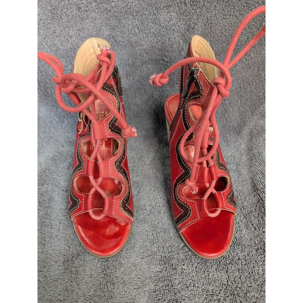 L'Artiste by Spring Step Red Leather Lace Up Heeled Sandals Size 35 SKU 8149